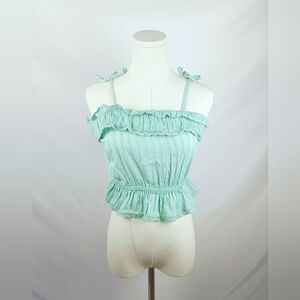 Mint Green Tie Strap Ruffle Peplum Crop Top Size S Coquette Y2K